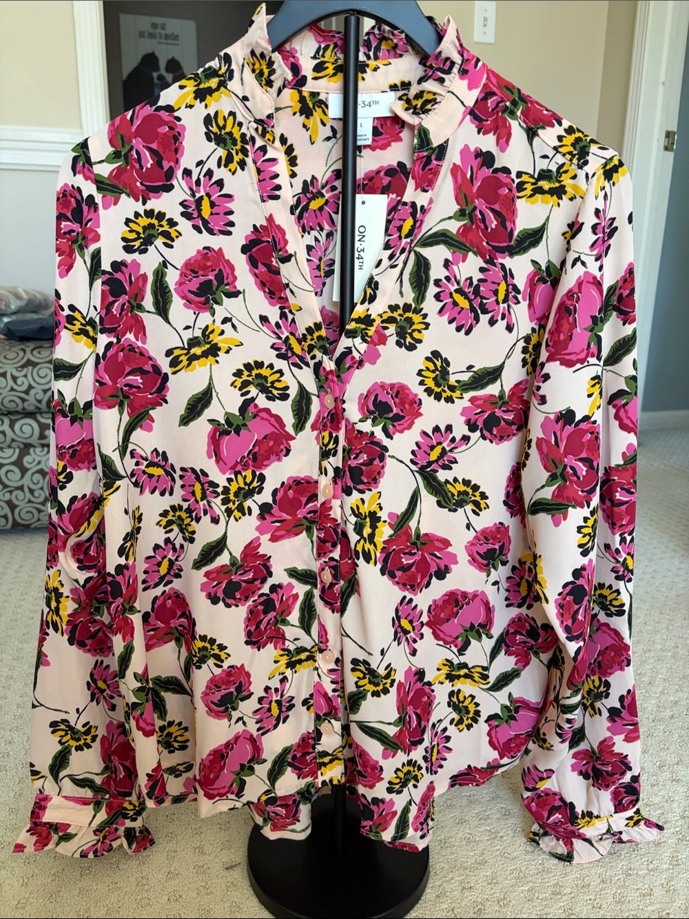 Floral Ruffle-Trim Button Front Blouse in Pink
